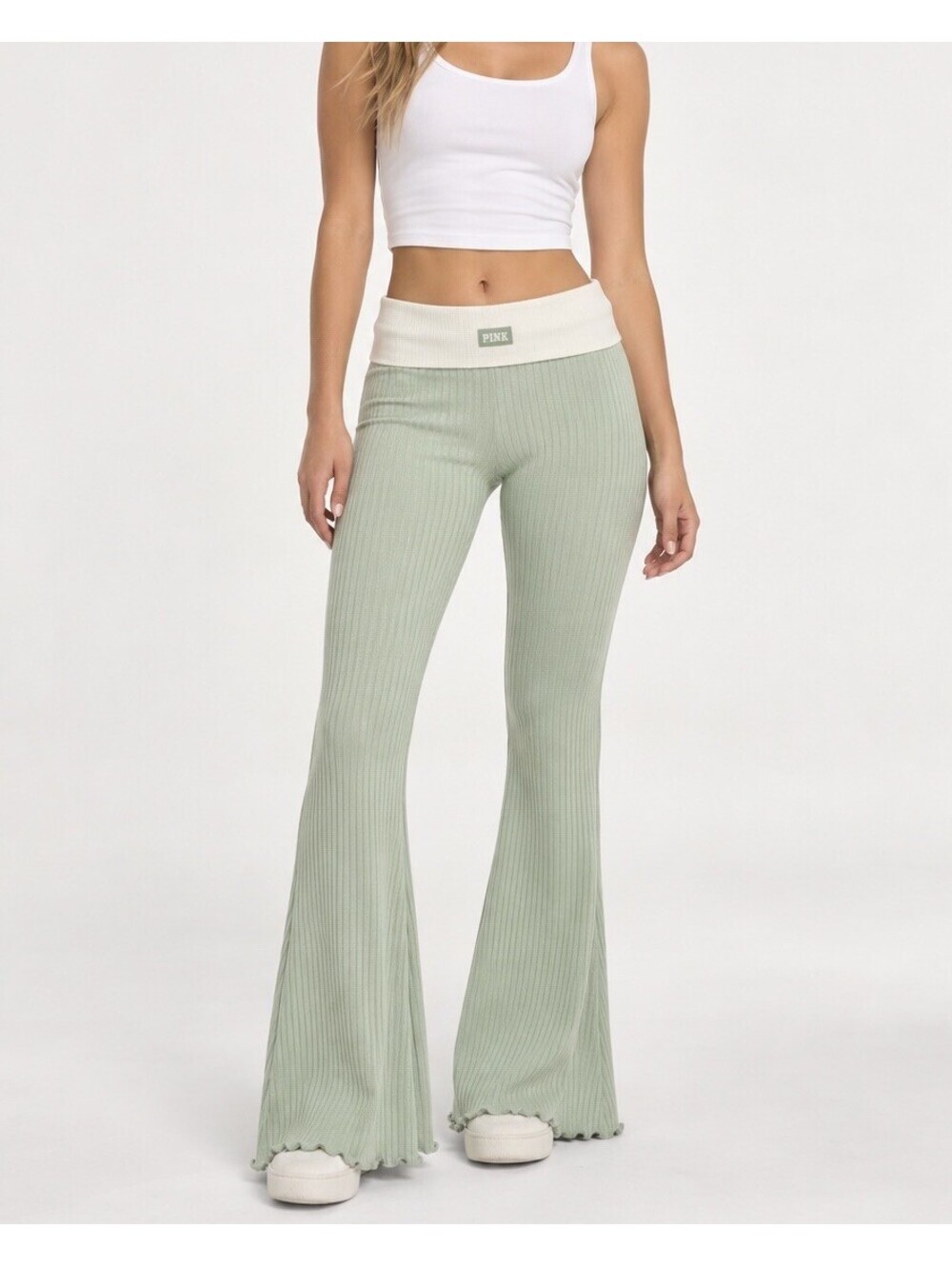 Victoria’s Secret PINK XS Ribbed Foldover Flare Pants Sage Green Cream Y2K